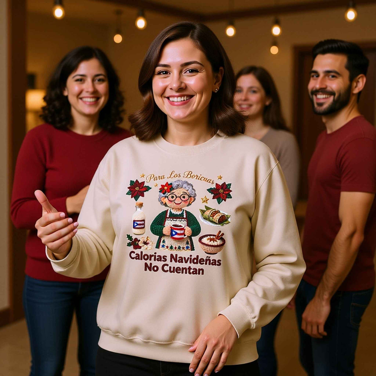 Woman wearing “Calorías Navideñas No Cuentan” Puerto Rican Christmas crewneck sweater