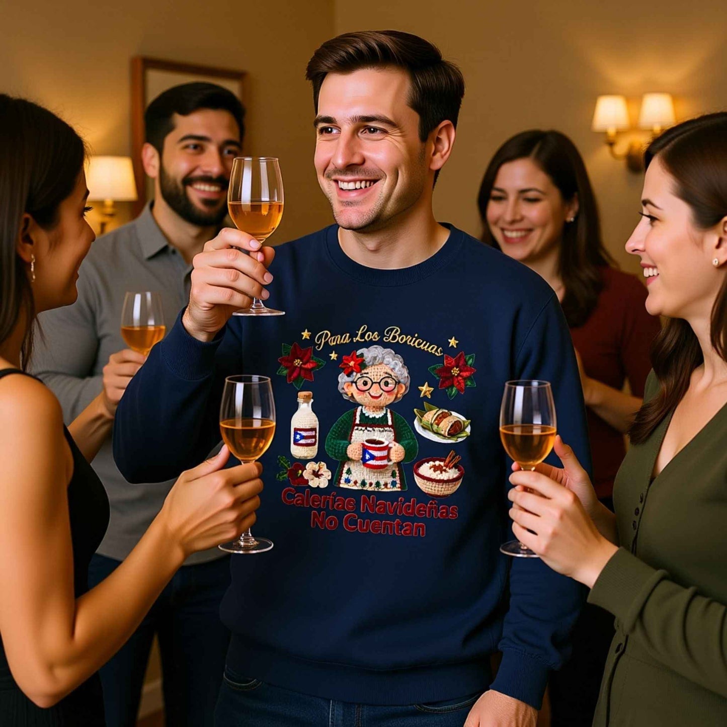 Calorías Navideñas No Cuentan Crewneck | Puerto Rican Christmas Sweatshirt | Faux Crochet Boricua Holiday Sweater