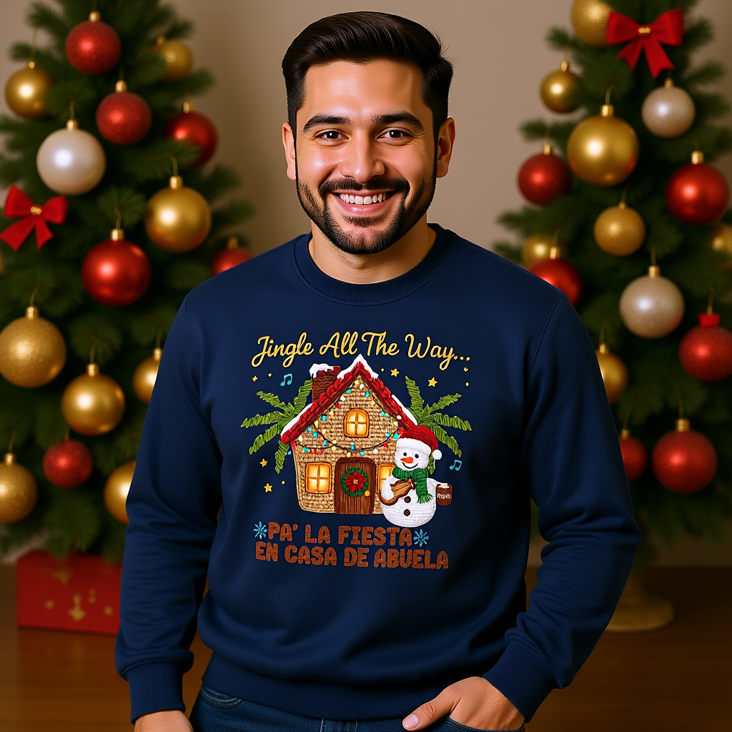 Man wearing Puerto Rican Christmas crewneck with faux crochet holiday design