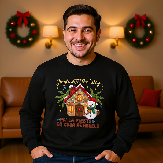Man wearing Puerto Rican Christmas crewneck with faux crochet holiday design
