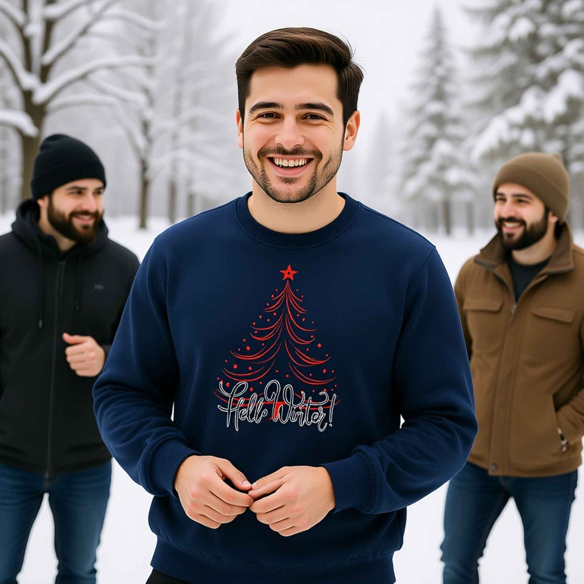 Hello Winter crewneck with minimal Christmas tree graphic