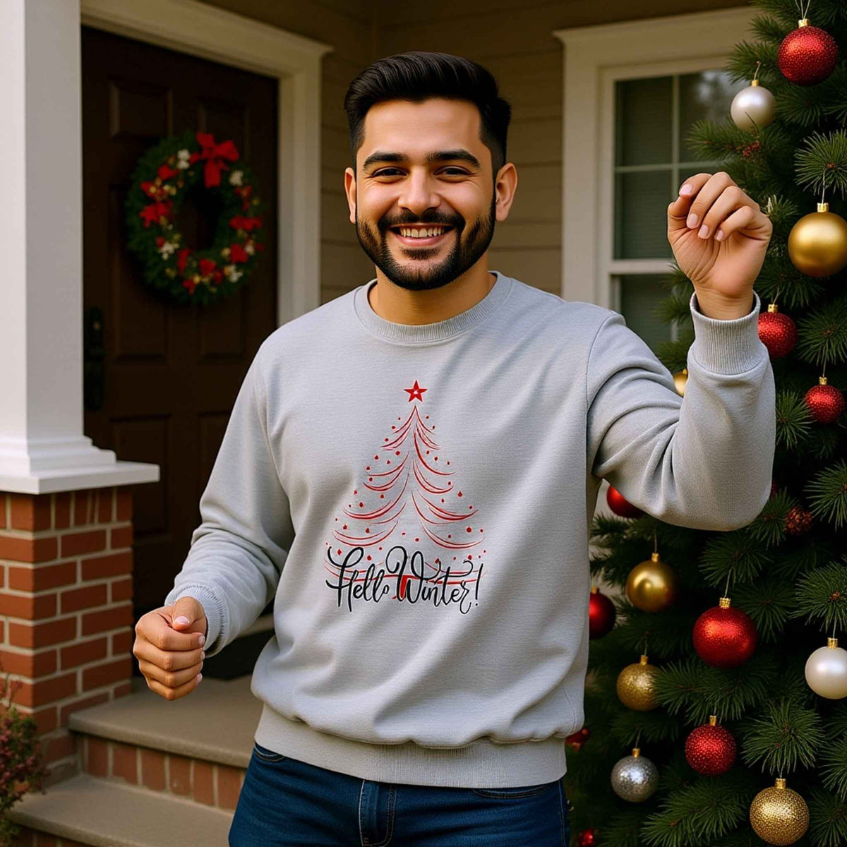 Hello Winter crewneck with minimal Christmas tree graphic