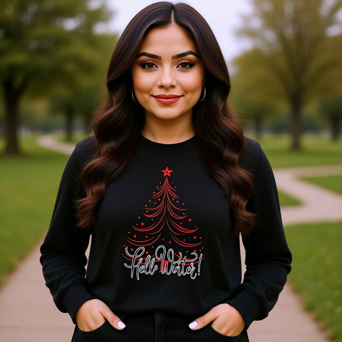 Hello Winter crewneck with minimal Christmas tree graphic