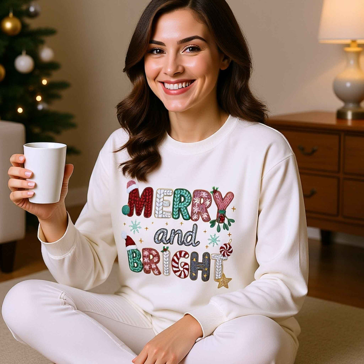 Woman wearing “Merry and Bright” Faux Crochet Cozy Christmas Crewneck Sweater