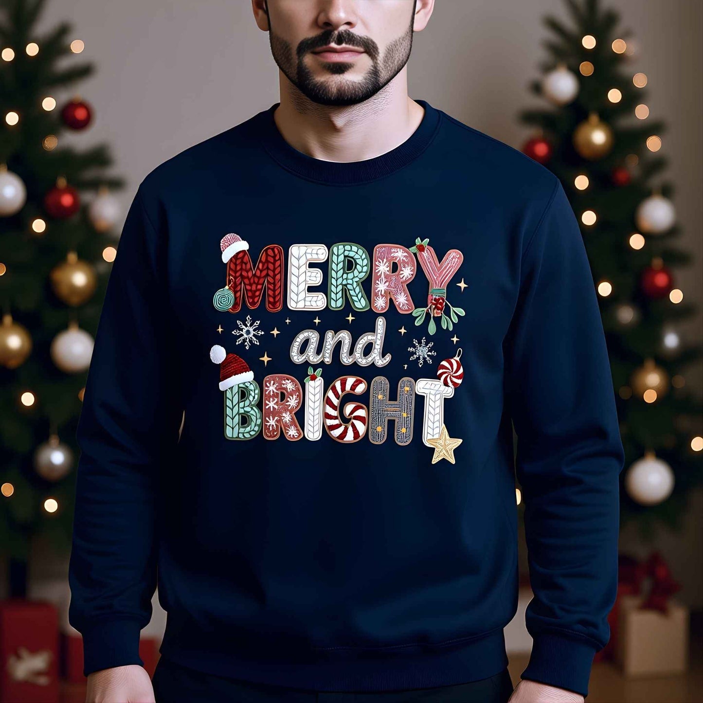 Merry and Bright Faux Crochet Crewneck | Cozy Christmas Sweater | Holiday Candy Cane Sweatshirt for Woman & Men