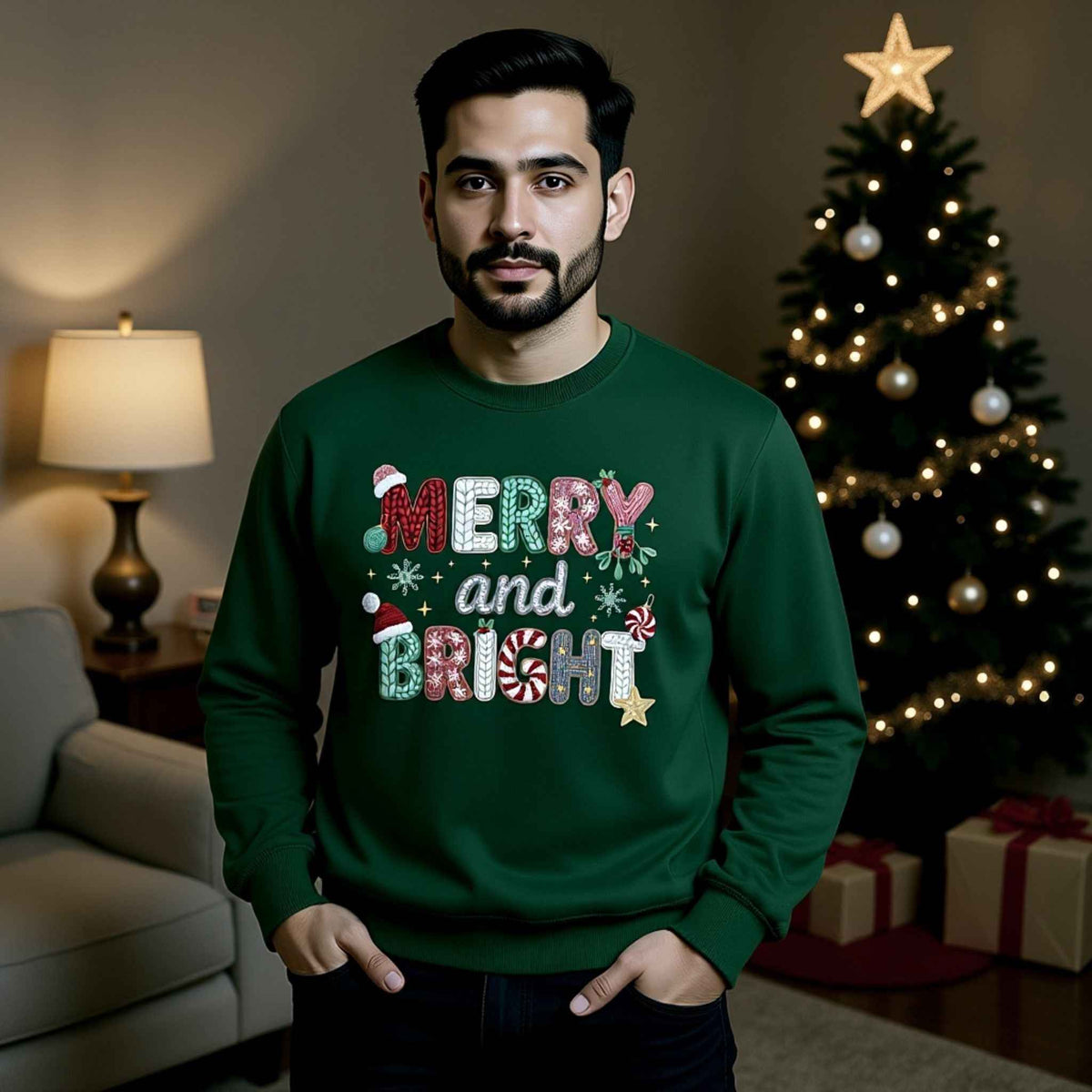 Man wearing “Merry and Bright” Faux Crochet Cozy Christmas Crewneck Sweater