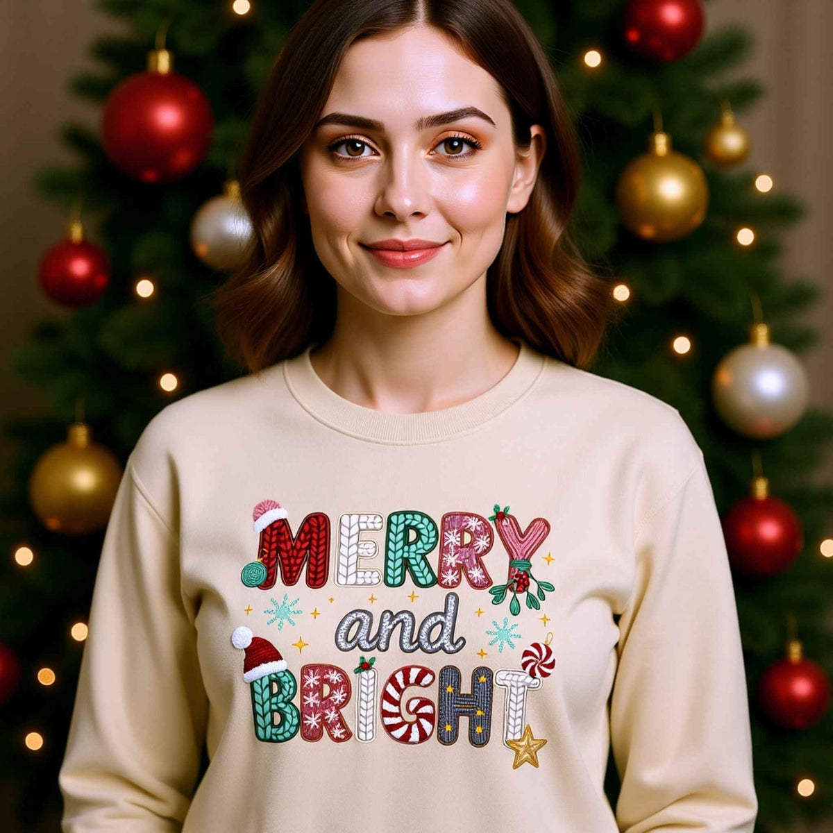 Woman wearing “Merry and Bright” Faux Crochet Cozy Christmas Crewneck Sweater