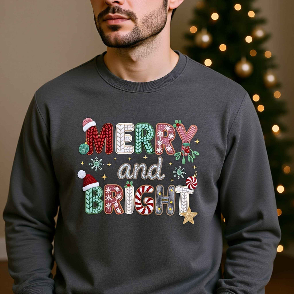 Man wearing “Merry and Bright” Faux Crochet Cozy Christmas Crewneck Sweater