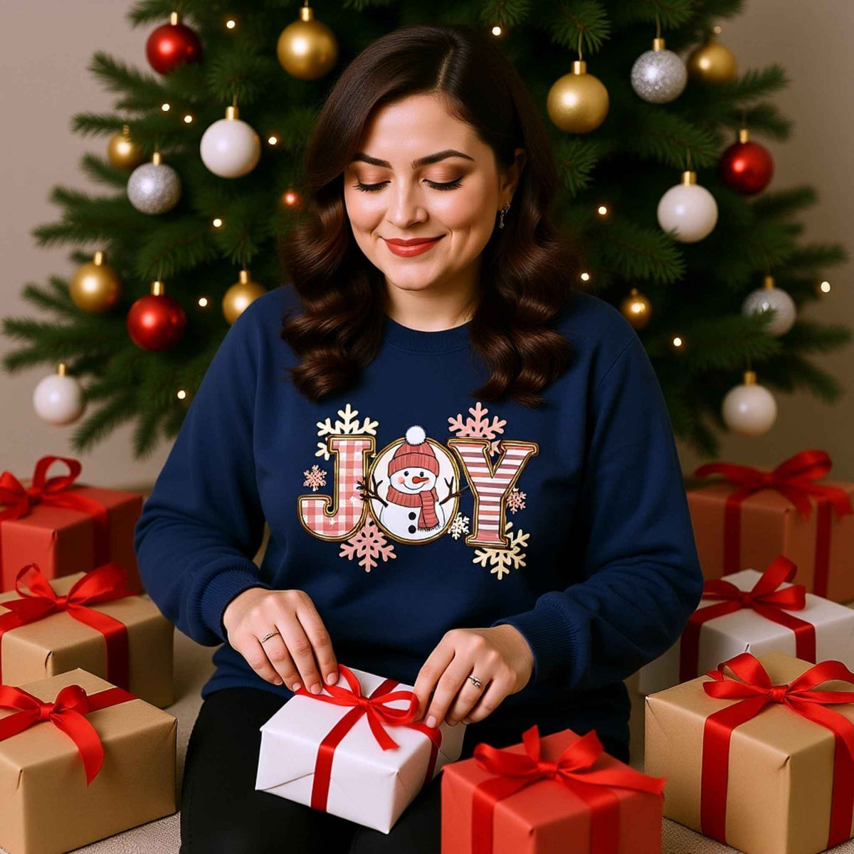 Woman wearing plaid “JOY” Snowman Christmas Crewneck Sweatshirt