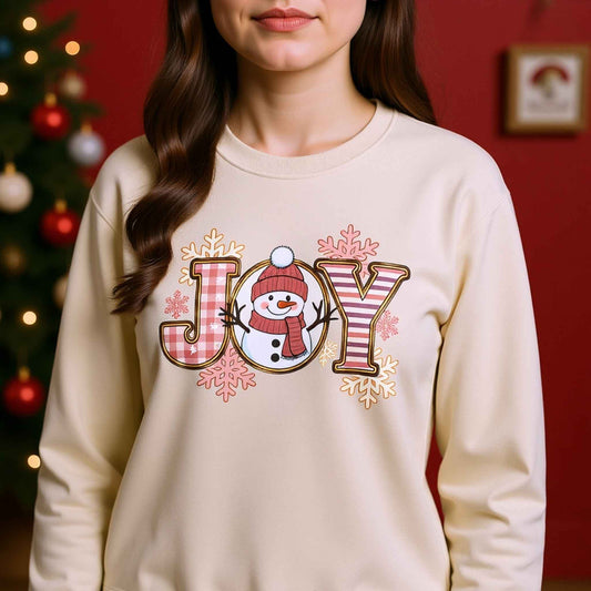 Woman wearing plaid “JOY” Snowman Christmas Crewneck Sweatshirt