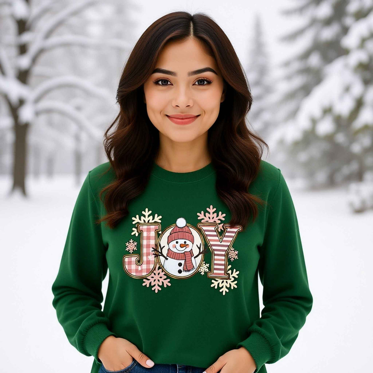Woman wearing plaid “JOY” Snowman Christmas Crewneck Sweatshirt