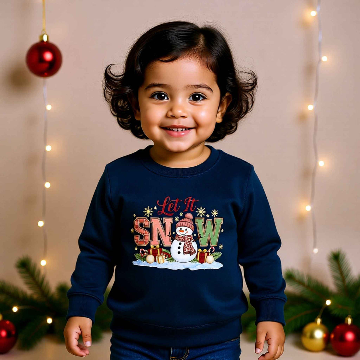 Toddler wearing “Let It Snow” Christmas snowman Crewneck Sweatshirt