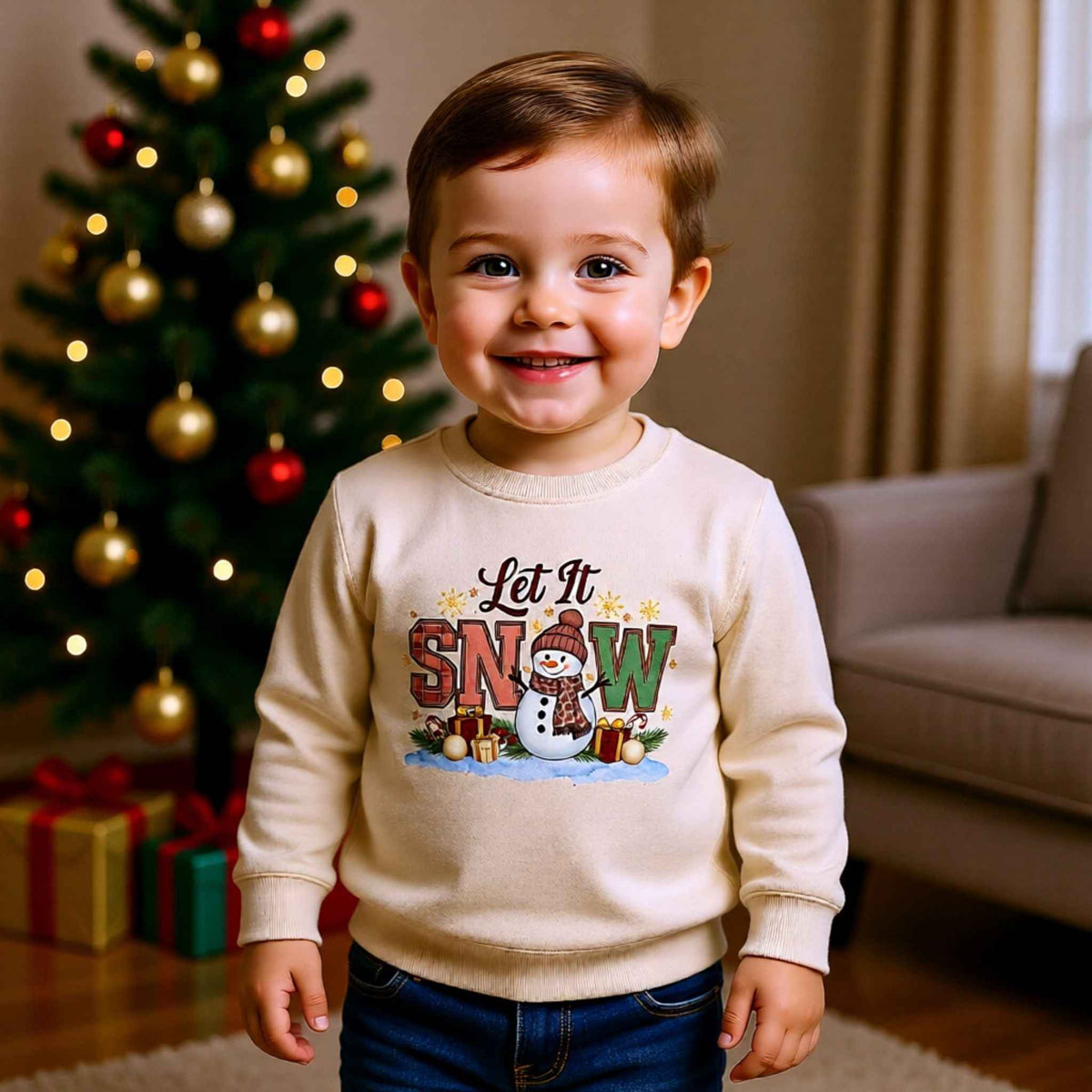 Toddler wearing “Let It Snow” Christmas snowman Crewneck Sweatshirt