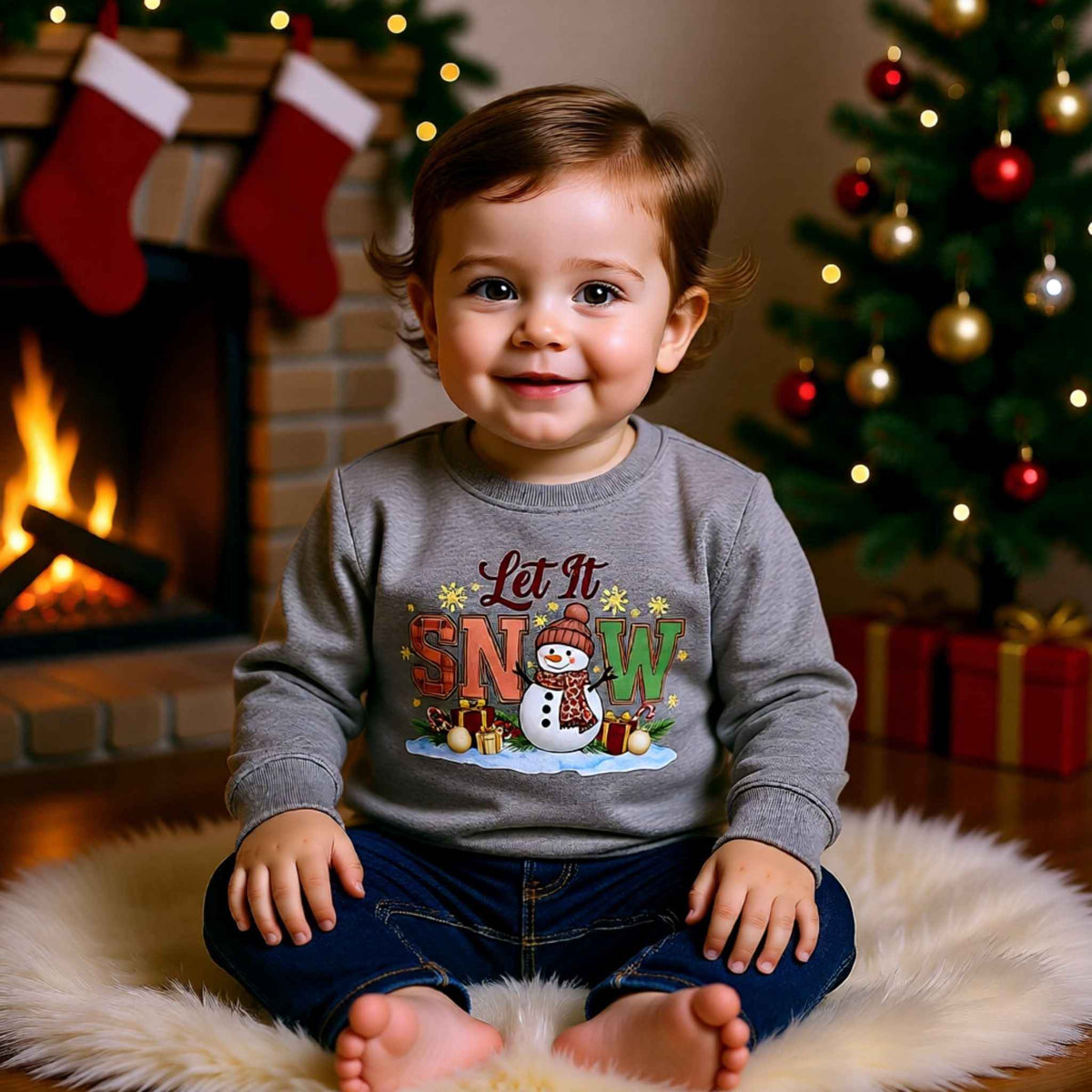 Toddler wearing “Let It Snow” Christmas snowman Crewneck Sweatshirt