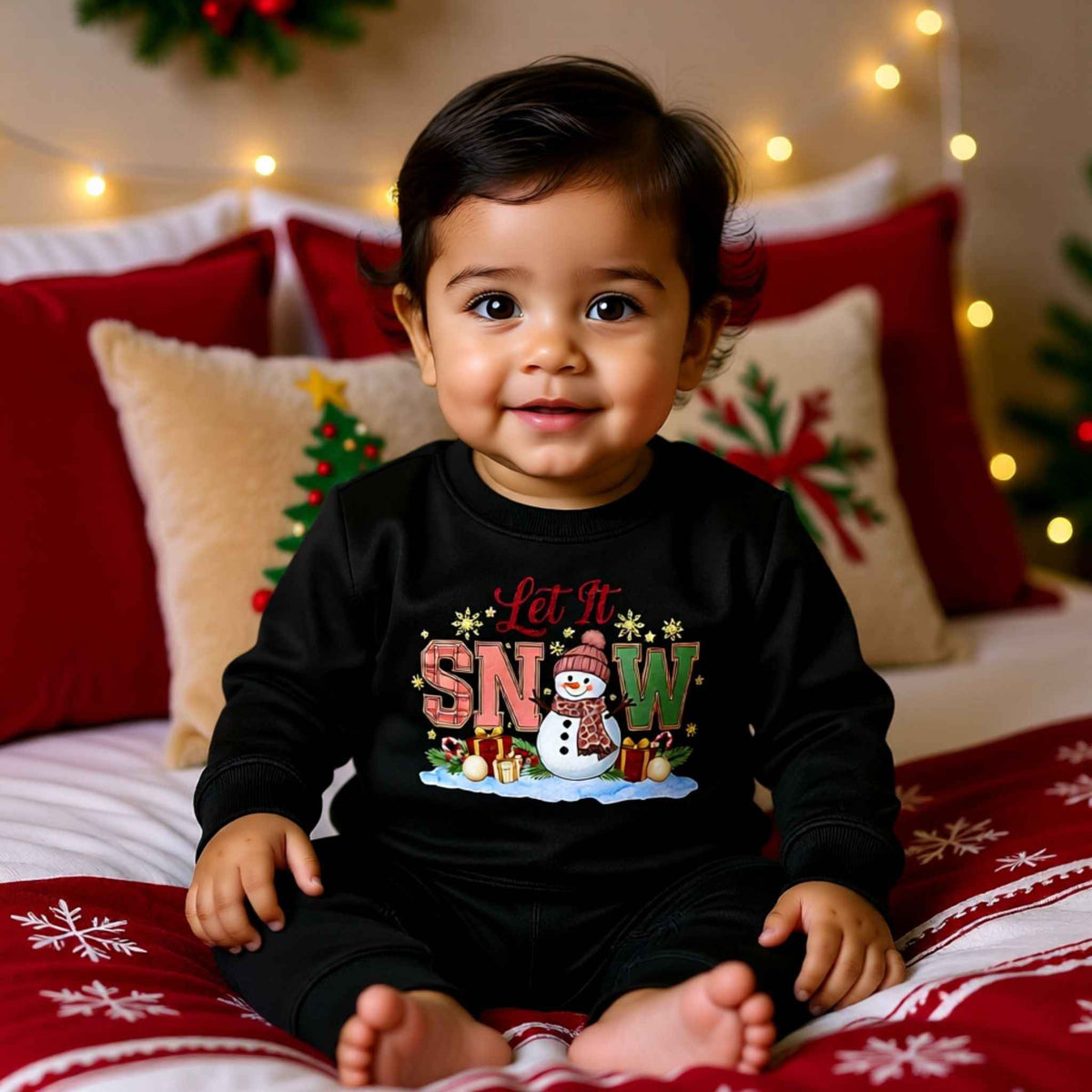 Toddler wearing “Let It Snow” Christmas snowman Crewneck Sweatshirt