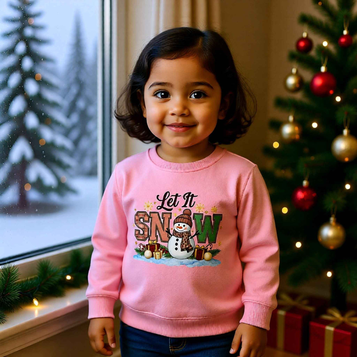 Toddler wearing “Let It Snow” Christmas snowman Crewneck Sweatshirt