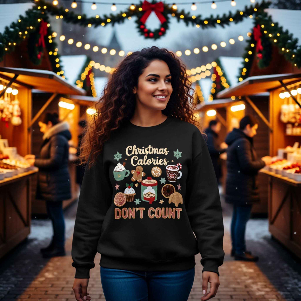 Woman wearing “Christmas Calories Don’t Count” Holiday Baking Faux Crochet Crewneck Sweatshirt