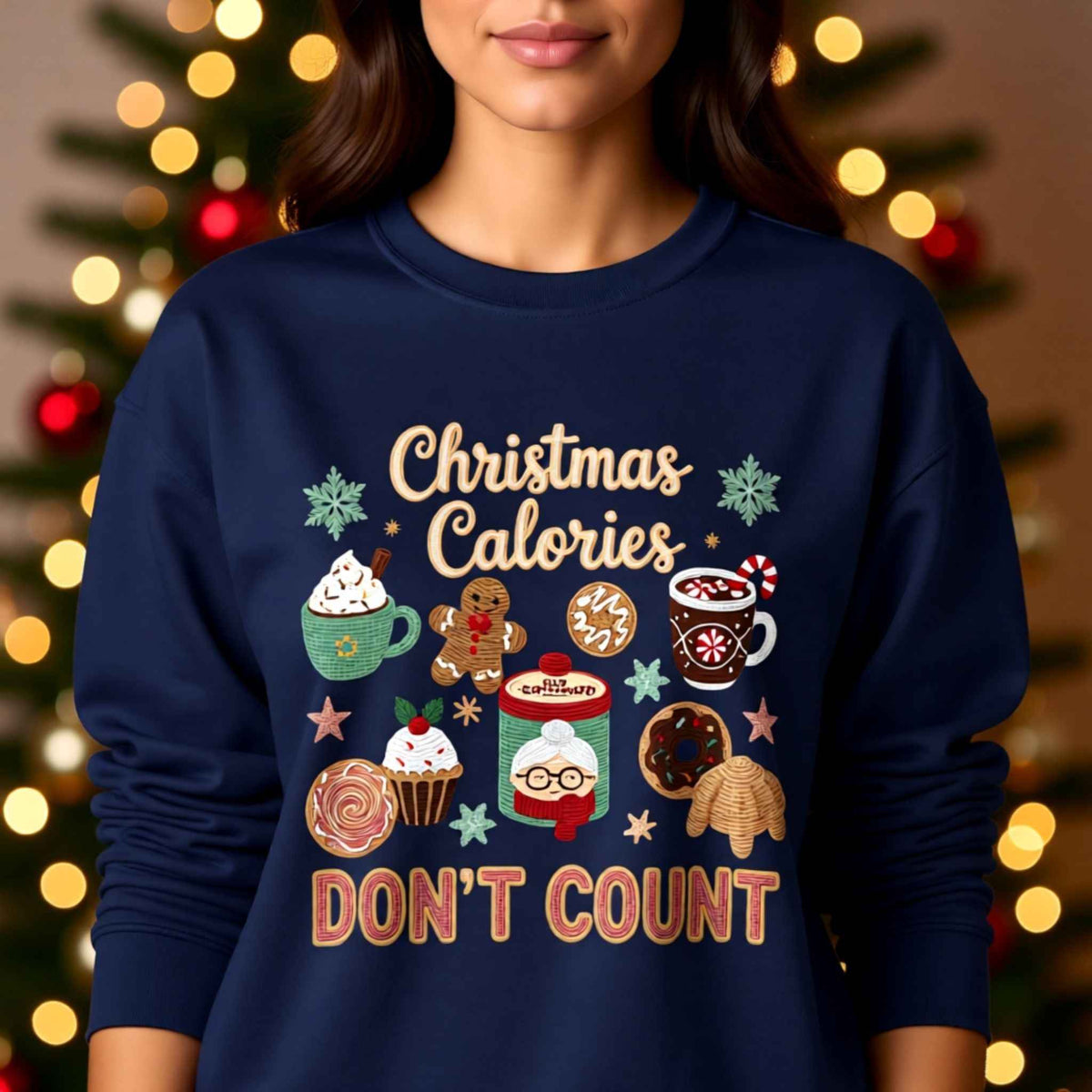 Woman wearing “Christmas Calories Don’t Count” Holiday Baking Faux Crochet Crewneck Sweatshirt