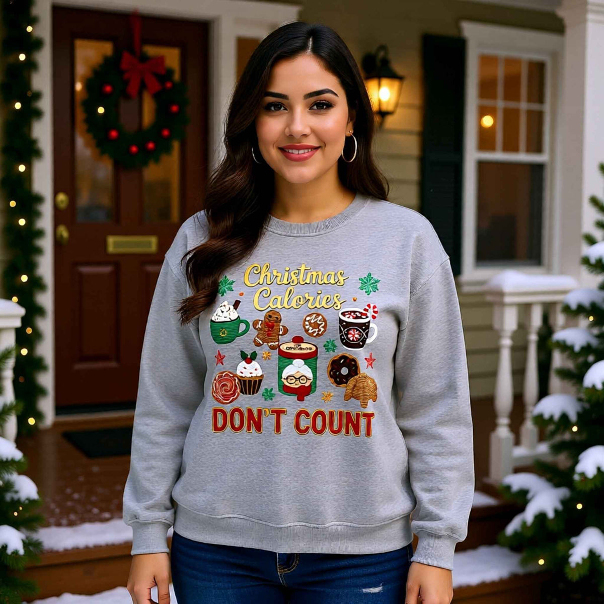 Woman wearing “Christmas Calories Don’t Count” Holiday Baking Faux Crochet Crewneck Sweatshirt