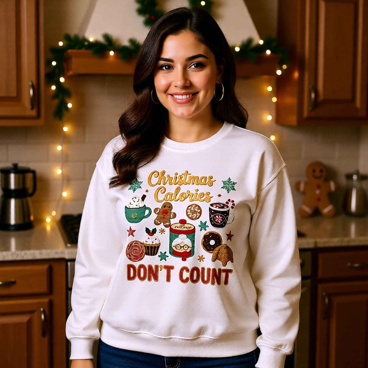Woman wearing “Christmas Calories Don’t Count” Holiday Baking Faux Crochet Crewneck Sweatshirt