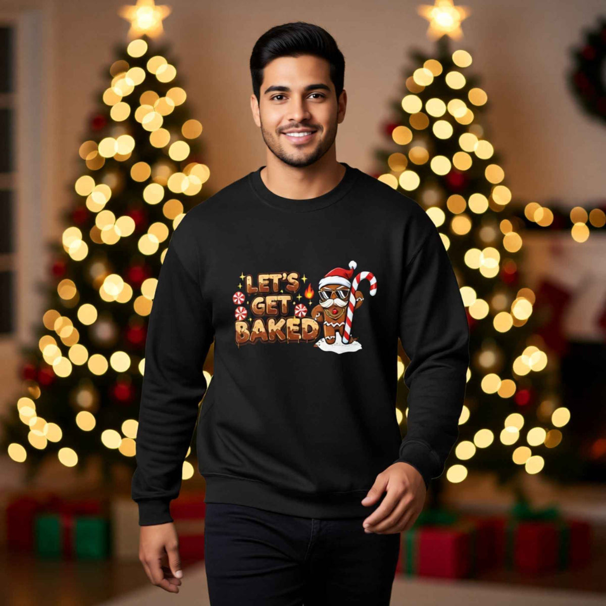 Man wearing “Let’s Get Baked” Gingerbread Christmas Crewneck Sweatshirt