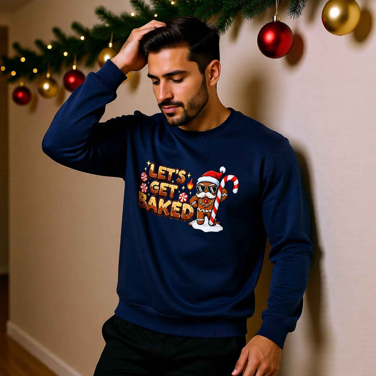 Man wearing “Let’s Get Baked” Gingerbread Christmas Crewneck Sweatshirt