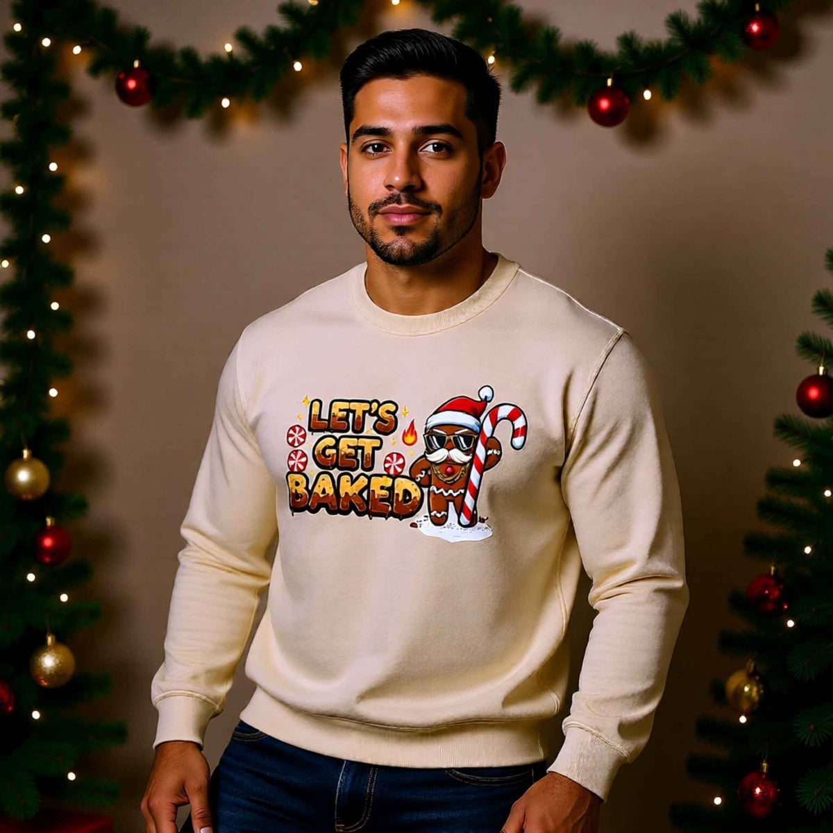 Man wearing “Let’s Get Baked” Gingerbread Christmas Crewneck Sweatshirt