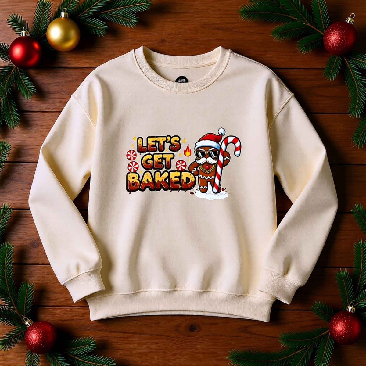 Flat lay of ‘Let’s Get Baked’ gingerbread Christmas crewneck sweatshirt with festive holiday background
