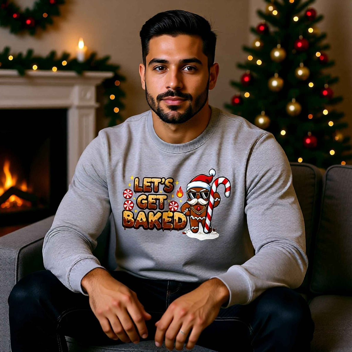 Man wearing “Let’s Get Baked” Gingerbread Christmas Crewneck Sweatshirt