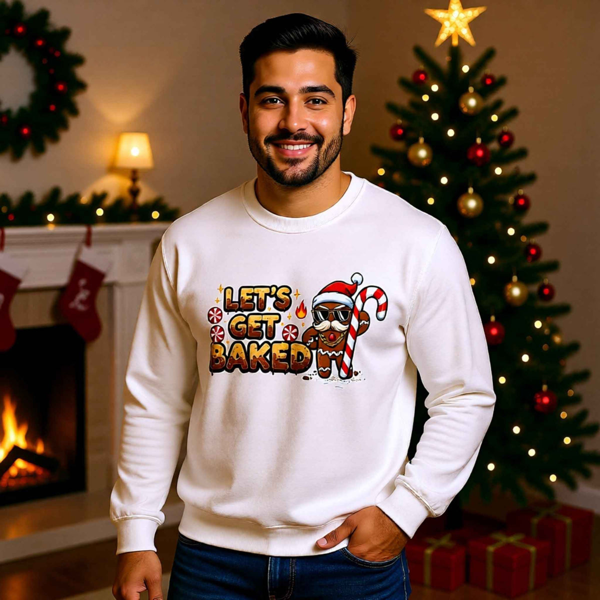 Man wearing “Let’s Get Baked” Gingerbread Christmas Crewneck Sweatshirt