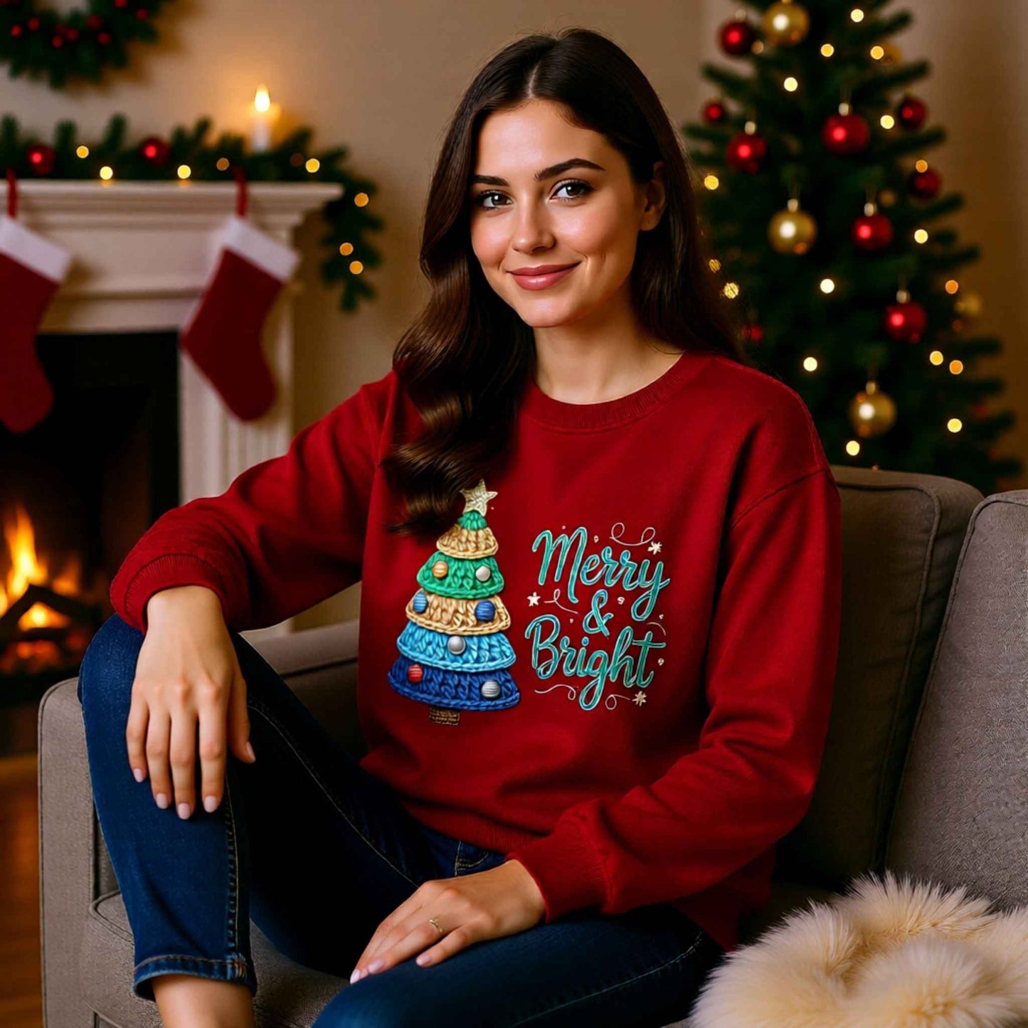 Woman wearing faux crochet knit Christmas crewneck sweatshirt with “Merry & Bright” Christmas tree design