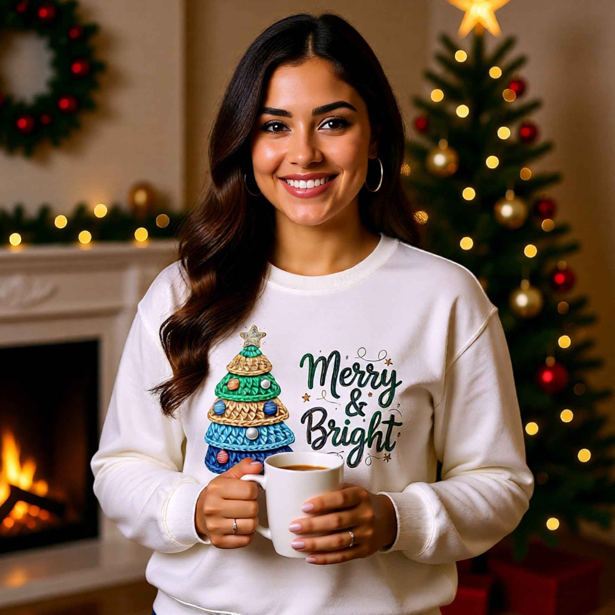 Woman wearing faux crochet knit Christmas crewneck sweatshirt with “Merry & Bright” Christmas tree design