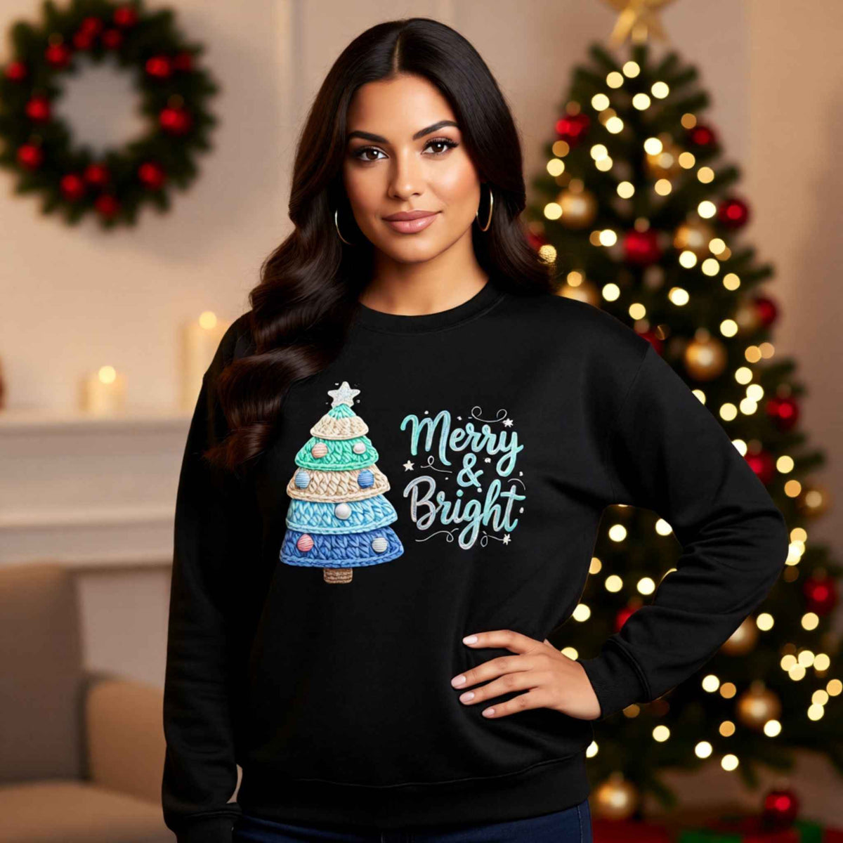 Woman wearing faux crochet knit Christmas crewneck sweatshirt with “Merry & Bright” Christmas tree design