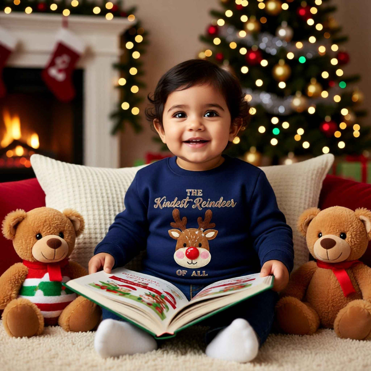 Toddler wearing “The Kindest Reindeer of All” Faux Crochet Reindeer Christmas Crewneck Sweatshirt