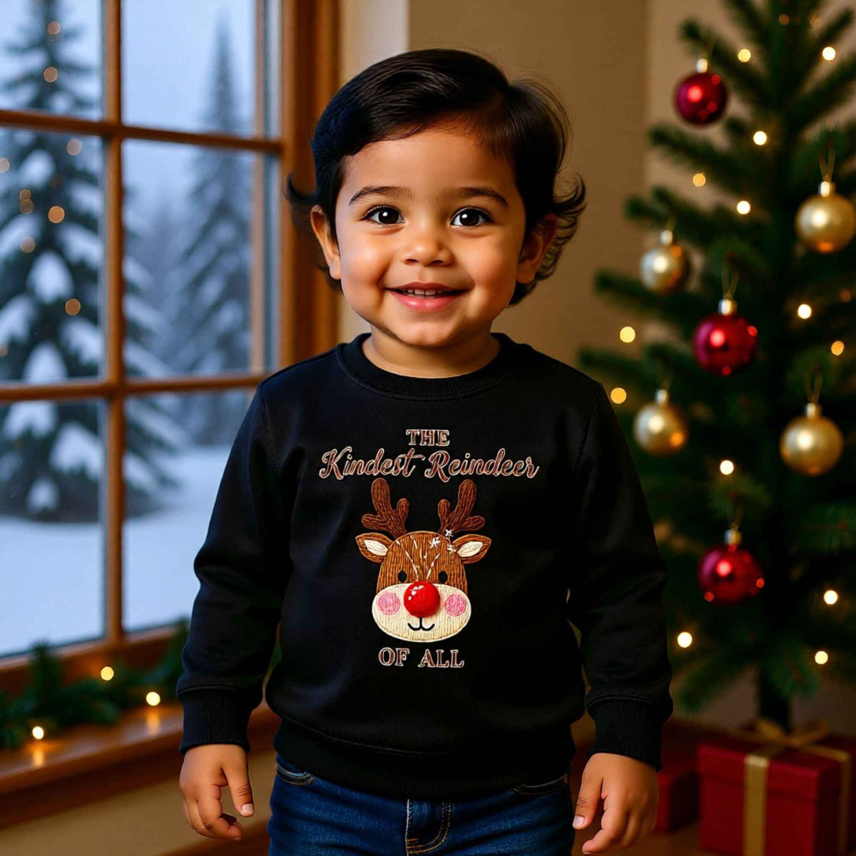 Toddler wearing “The Kindest Reindeer of All” Faux Crochet Reindeer Christmas Crewneck Sweatshirt