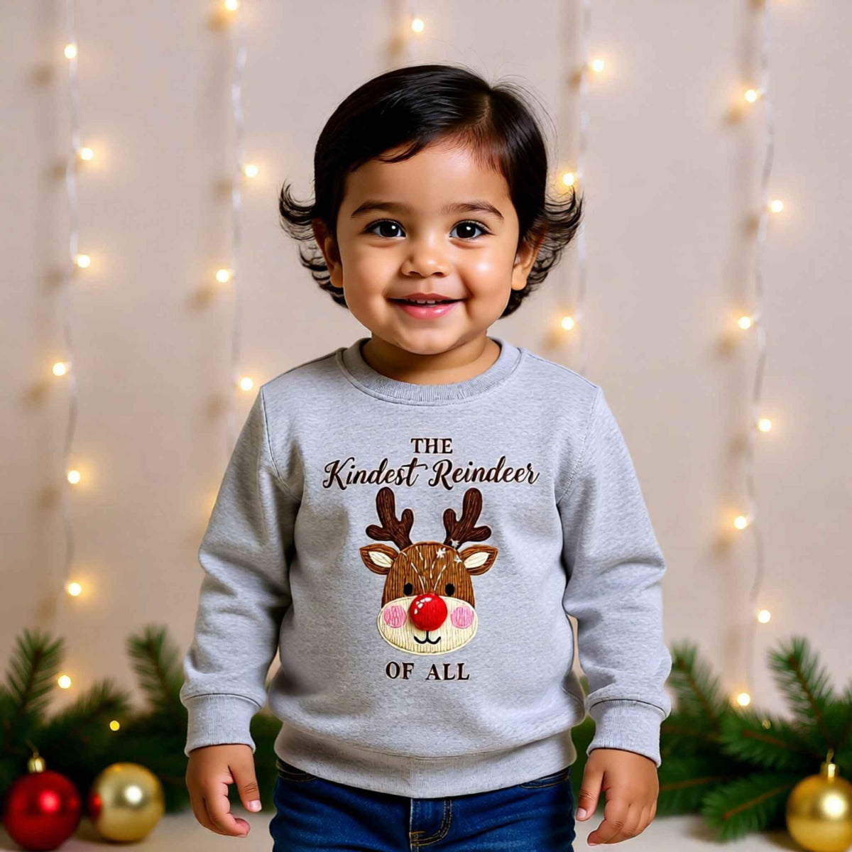 Toddler wearing “The Kindest Reindeer of All” Faux Crochet Reindeer Christmas Crewneck Sweatshirt