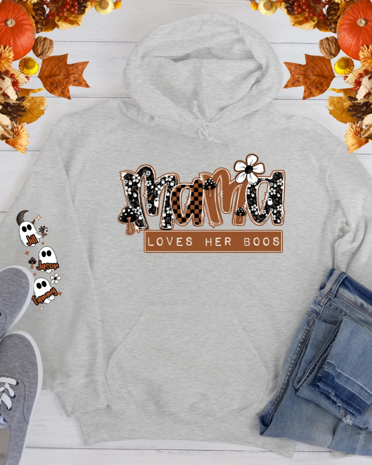 Personalized Mama Loves Her Boos ghost sleeve hoodie or crewneck