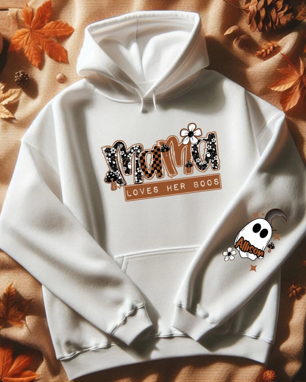 Personalized Mama Loves Her Boos ghost sleeve hoodie or crewneck