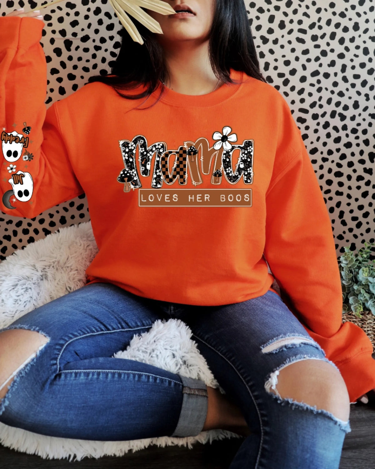 Personalized Mama Loves Her Boos ghost sleeve hoodie or crewneck
