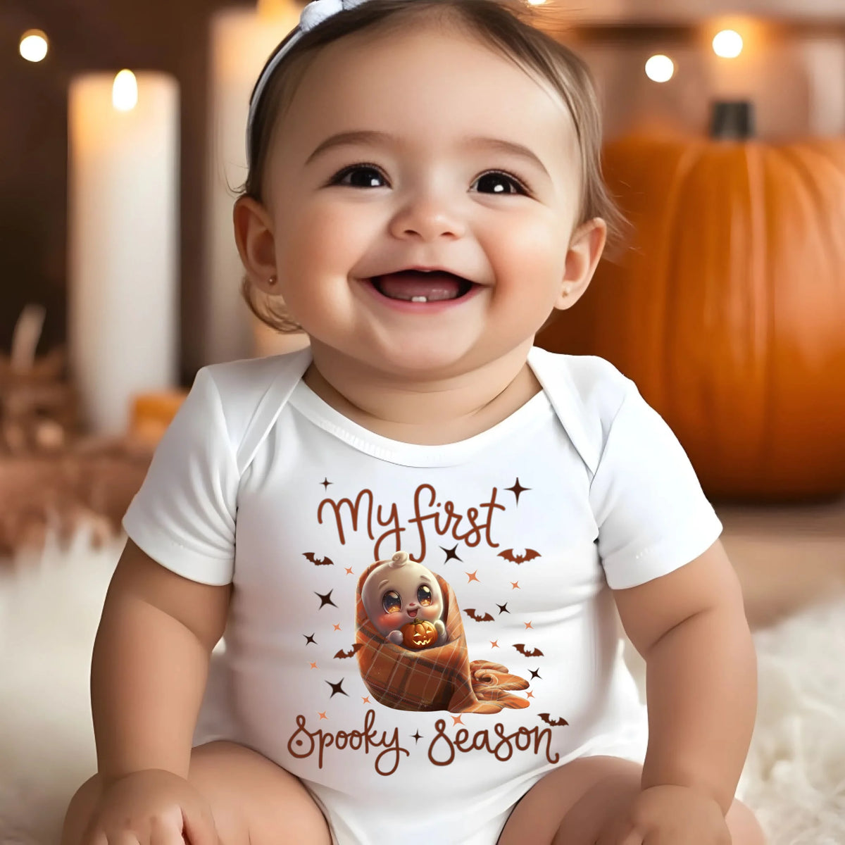 Baby Halloween ghost and pumpkin infant bodysuit in white