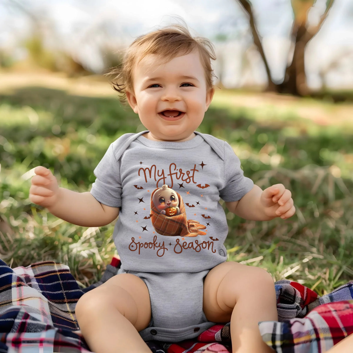 Baby Halloween ghost and pumpkin infant bodysuit in heather gray