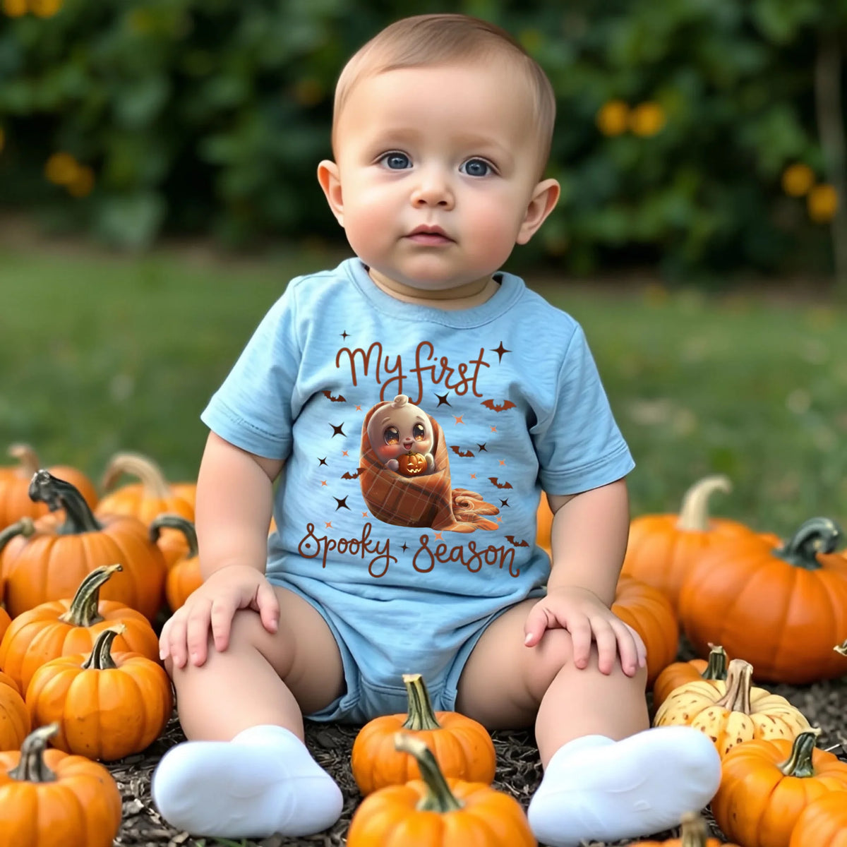 Baby Halloween ghost and pumpkin infant bodysuit in Columbia blue