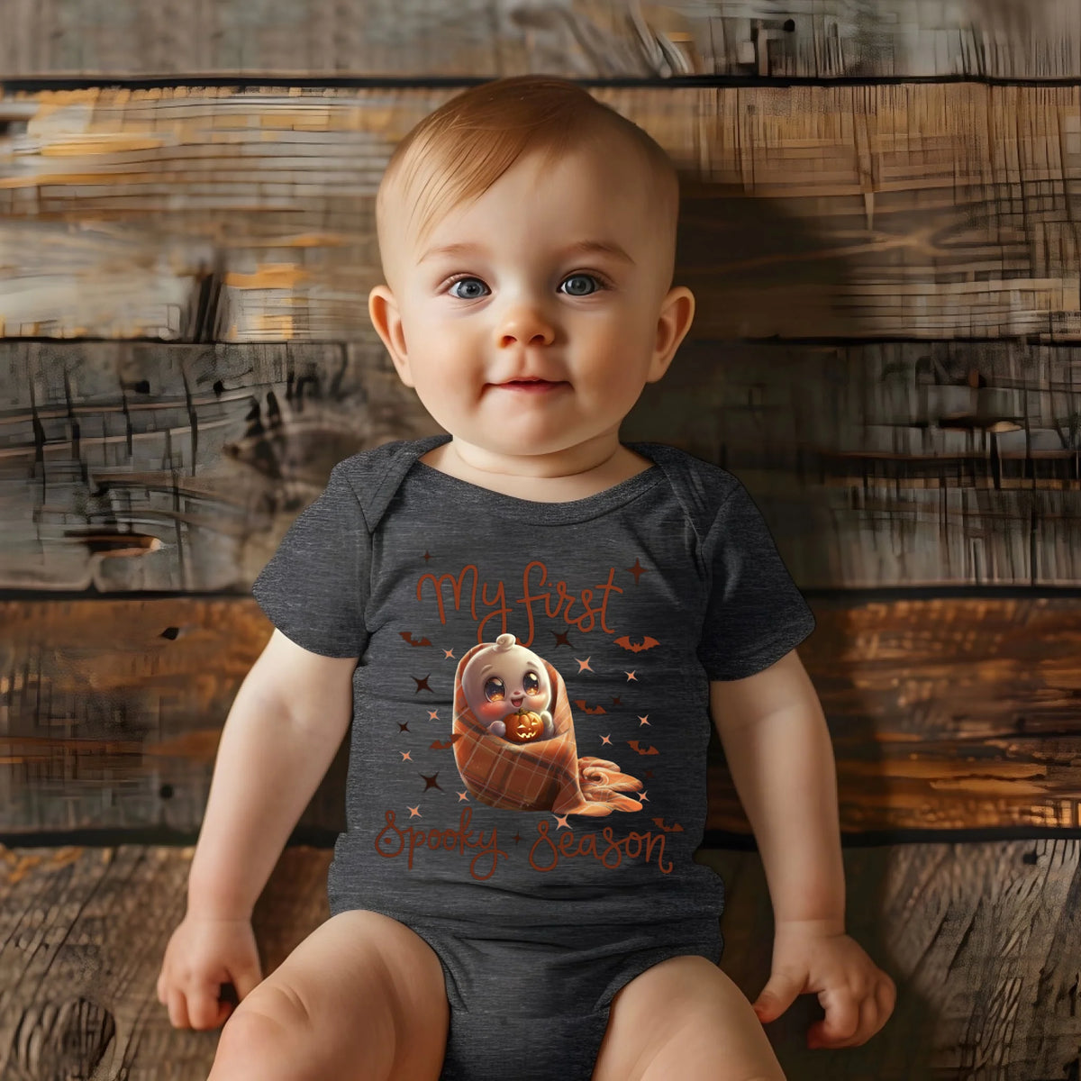 Baby Halloween ghost and pumpkin infant bodysuit in gray