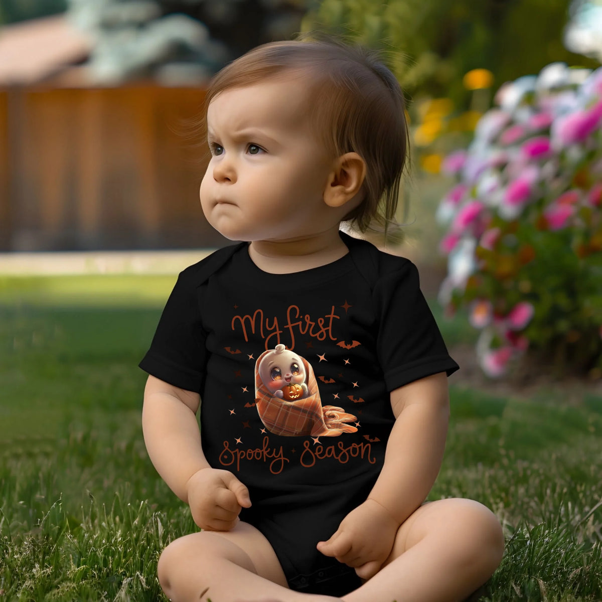 Baby Halloween ghost and pumpkin infant bodysuit in black