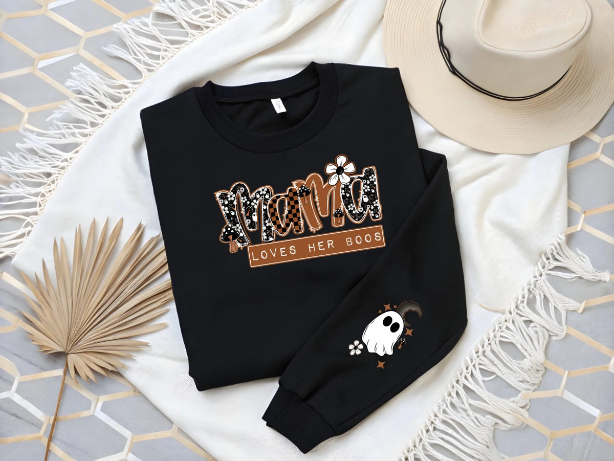 Personalized Mama Loves Her Boos ghost sleeve hoodie or crewneck