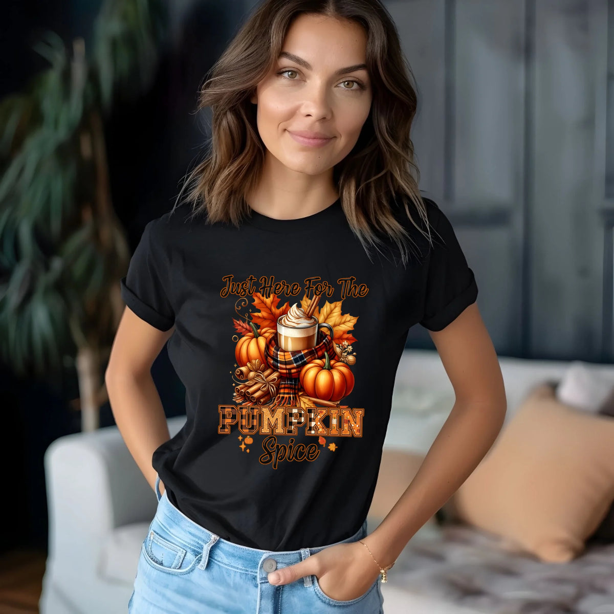 Just Here for the Pumpkin Spice fall coffee graphic shirt and crewneck
