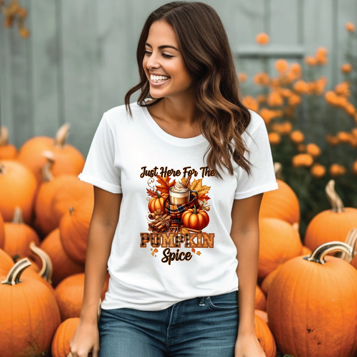 Just Here for the Pumpkin Spice fall coffee graphic shirt and crewneck