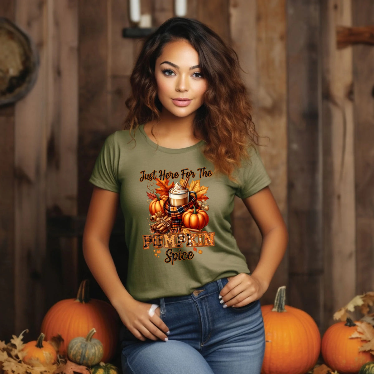 Just Here for the Pumpkin Spice fall coffee graphic shirt and crewneck