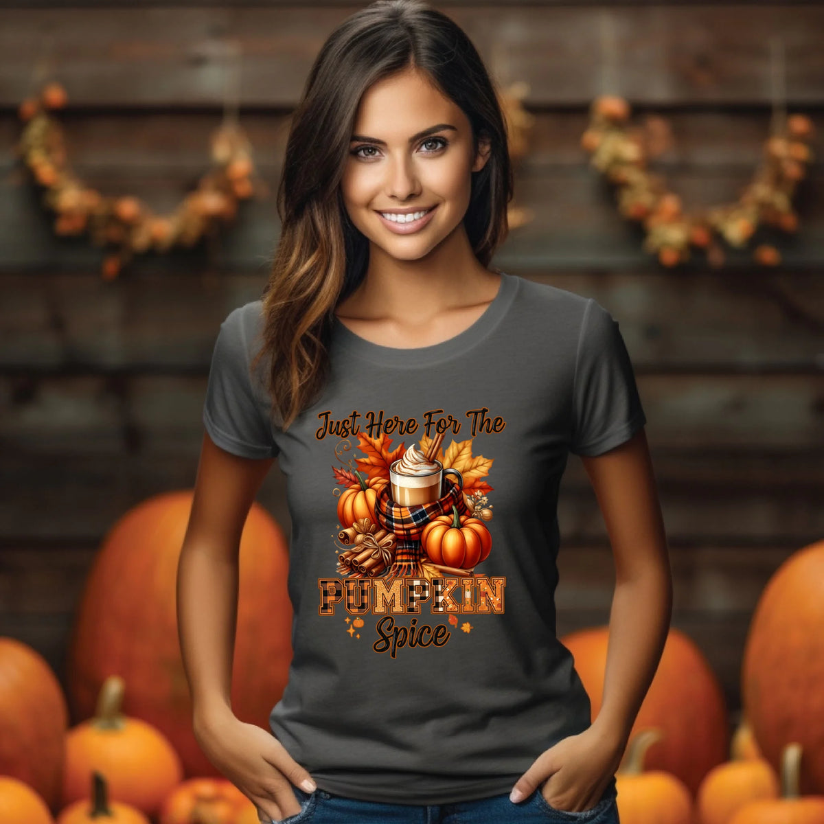 Just Here for the Pumpkin Spice fall coffee graphic shirt and crewneck