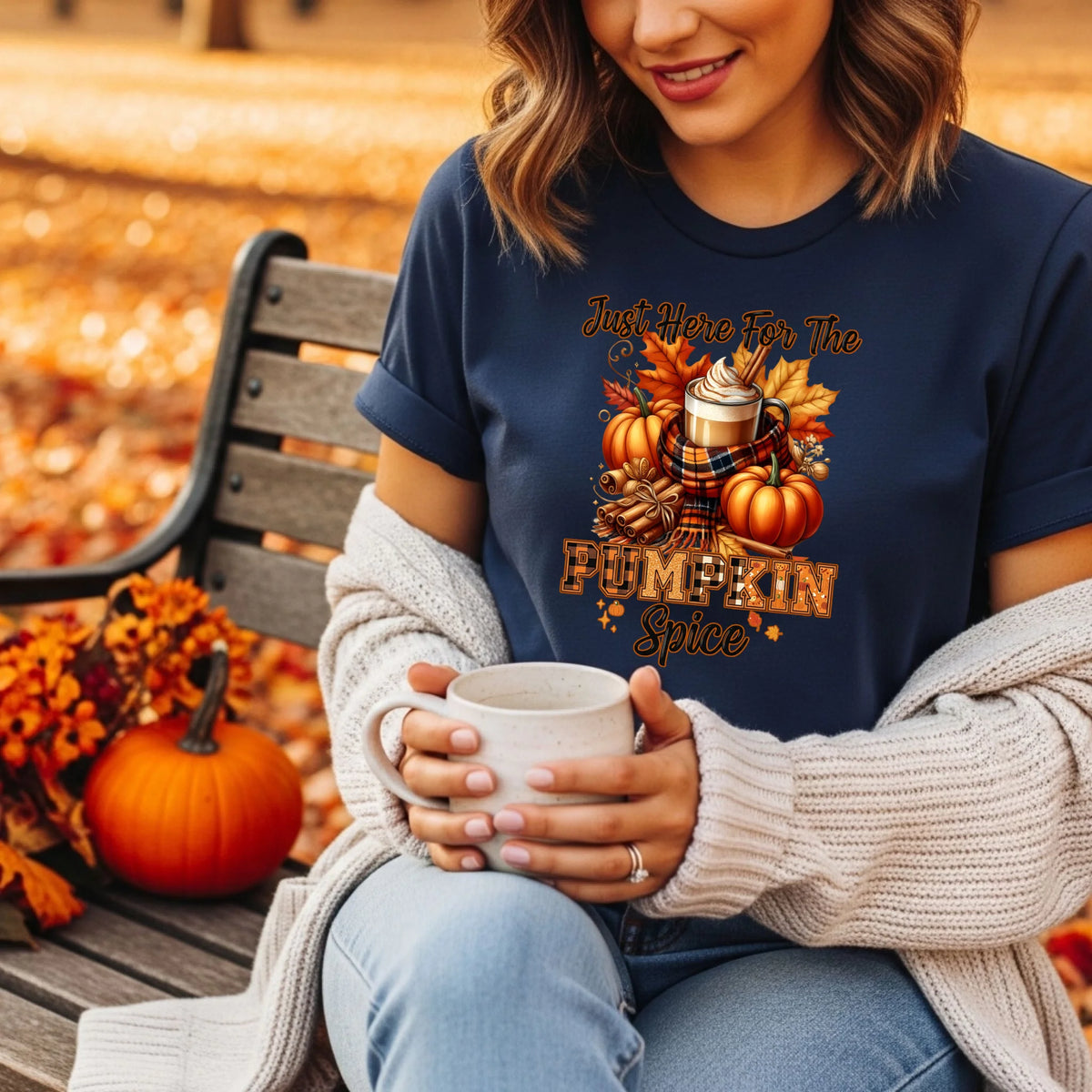 Just Here for the Pumpkin Spice fall coffee graphic shirt and crewneck